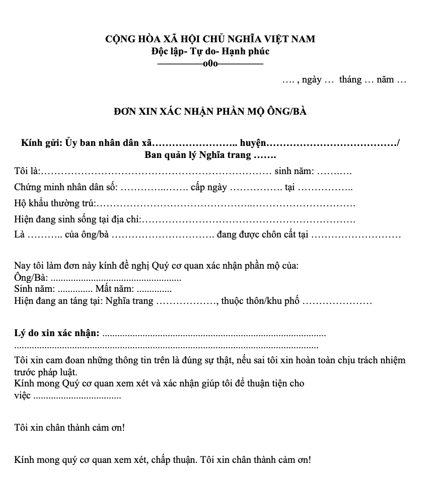 Mẫu đơn xin xác nhận phần mộ ông bà: