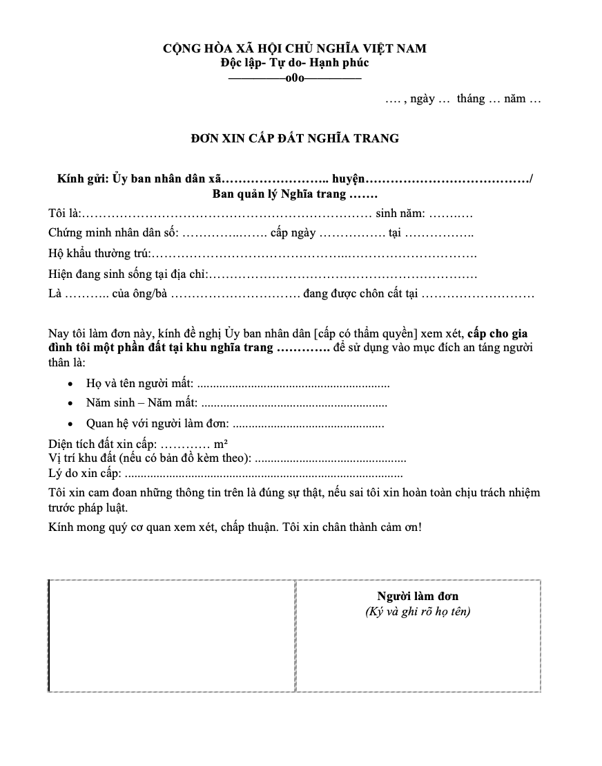 Mẫu đơn xin cấp đất nghĩa trang mới nhất 2025 